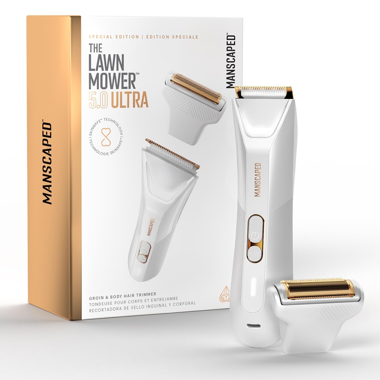 Version 1.0.0 MANSCAPED? The Lawn Mower? 5.0 Ultra Men's & Women's Groin & Body Hair Trimmer ? Dual-Head SkinSafe? Trimmer & Foil Blades, Waterproof Wet/Dry Groomer, USB-C Rechargeable with Travel Case, White - Image 1