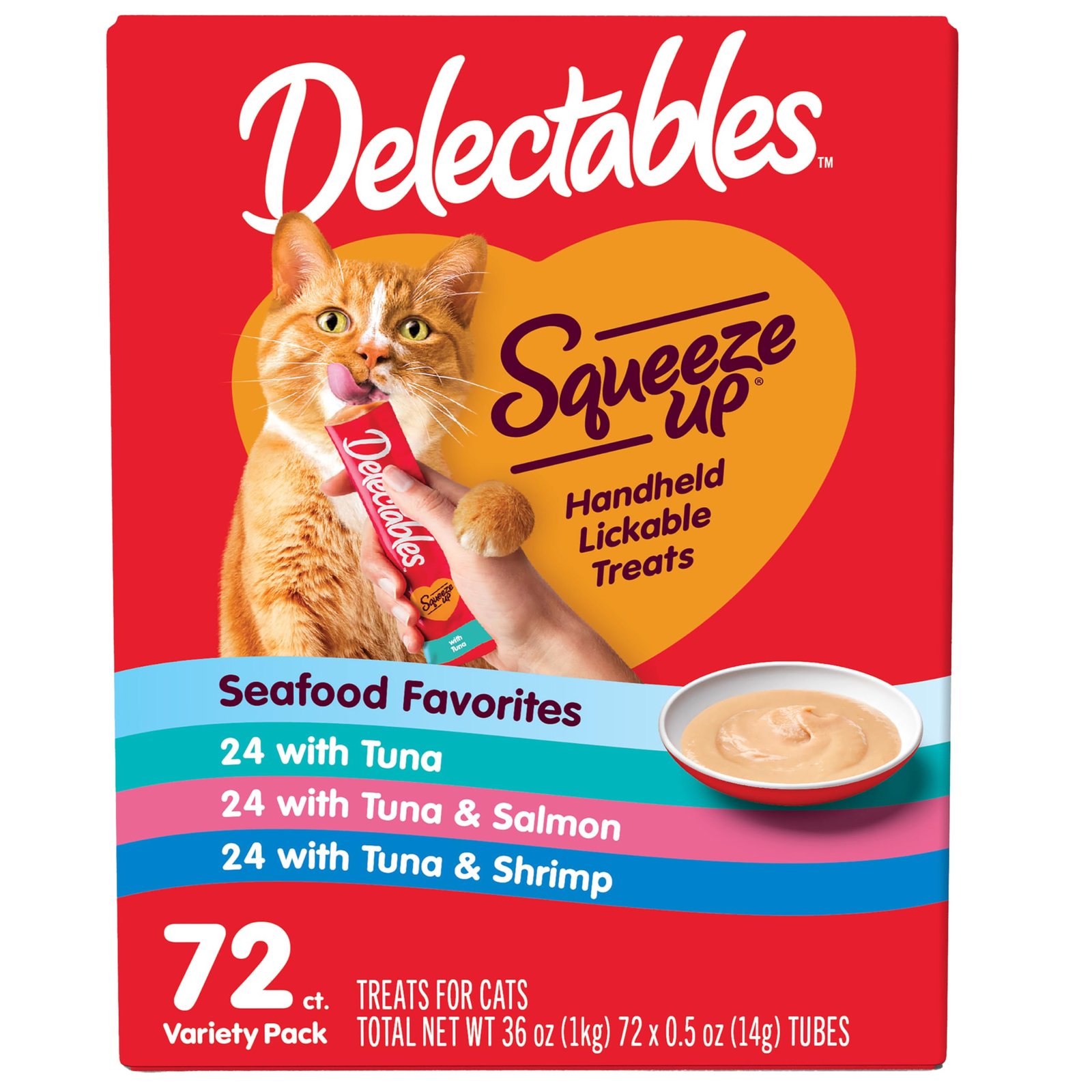 Version 1.0.0 Delectables Squeeze Up Seafood Variety Pack, Creamy Squeezable Puree, Lickable Wet Cat Treats, Grain Free, No Added Fillers, No by-Products, No Added Preservatives, 0.5 Ounces Tube, 72 Tubes Total - Image 1