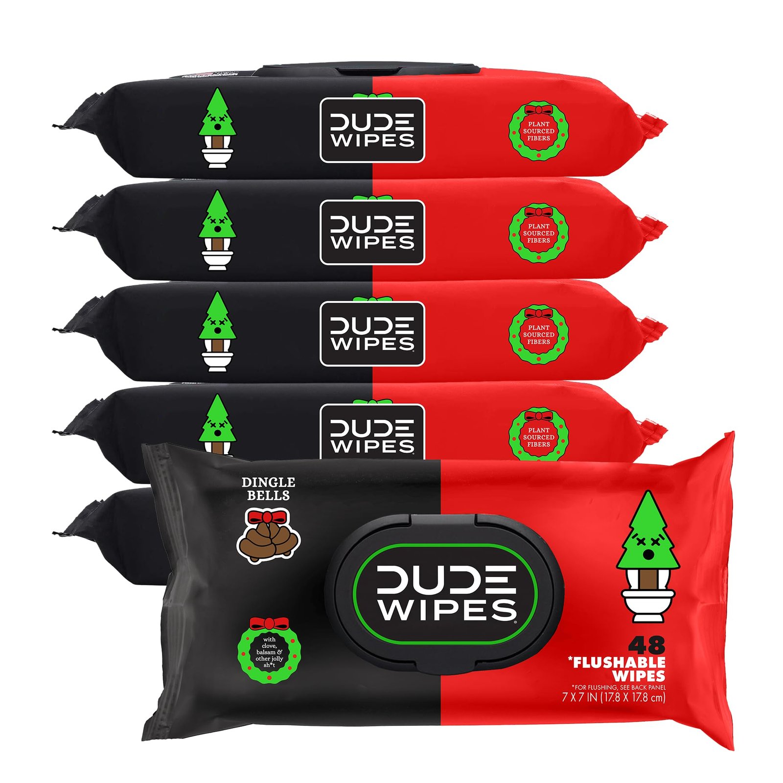 Version 1.0.0 DUDE Wipes - Flushable Wipes for Adults - 6 Pack, 288 Wipes - Dingle Bells Extra Large Wet Wipes with Crisp Pine, Balsam, and Other Jolly Scents - Image 1