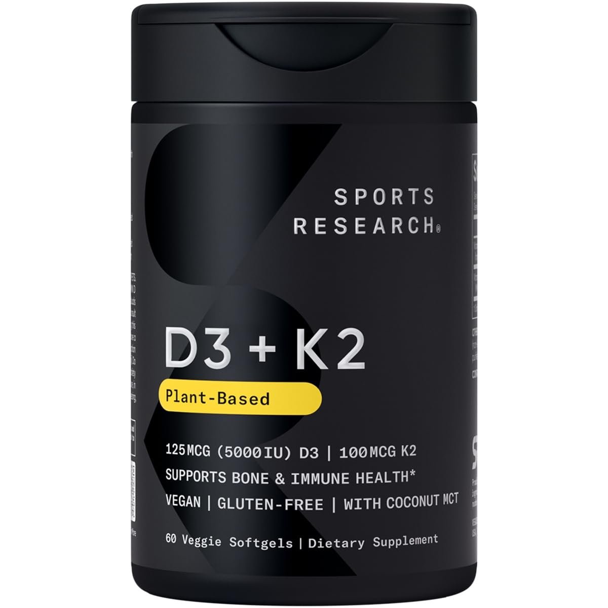 Version 1.0.0 Sports Research Vitamin D3 K2 with Coconut Oil | Plant Based Vitamin K2 MK7 + Vegan D3 5000iu | Vegan Certified, Soy & Gluten Free - 60 Count Softgels - Image 1
