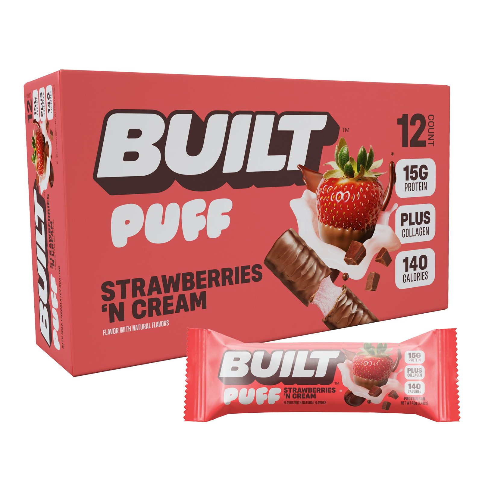 Version 1.0.0 BUILT Protein Bars, Milk Chocolate Strawberry Puff, 12 bars, Protein Snacks, 17g of Protein, Collagen, Chocolate Protein Bar with only 150 calories & 6g sugar, Not Gluten Free, Great Protein Snack - Image 1