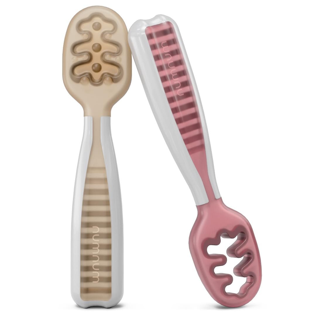Version 1.0.0 NumNum Baby Spoons Set, Pre-Spoon GOOtensils for Kids Aged 6+ Months - First Stage, Baby Led Weaning (BLW) Spoon - Self Feeding, Silicone Toddler Food Utensils - 2 Spoons, Beige/Mauve - Image 1